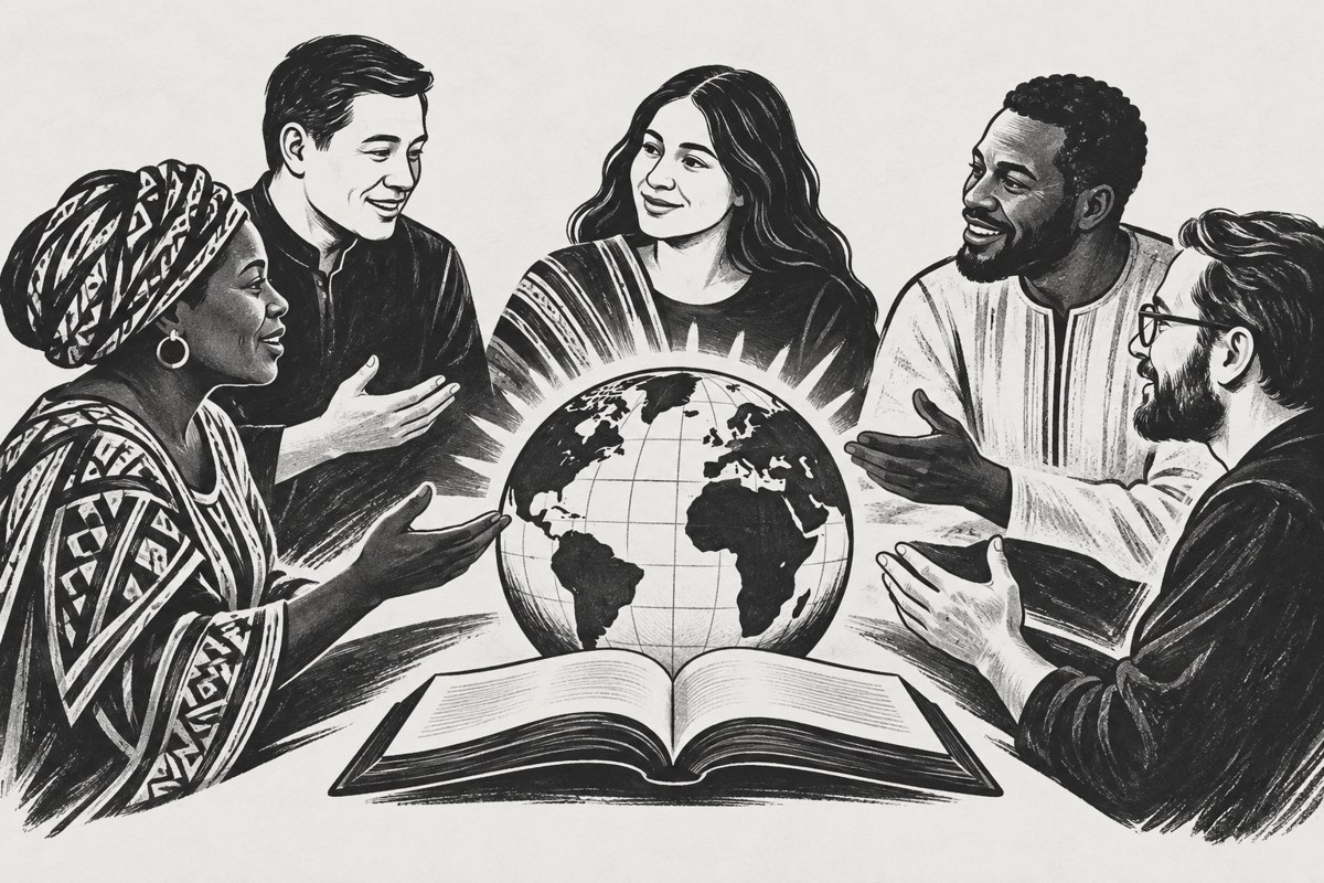 Illustration of Christian leaders gathered around a globe and an open book.