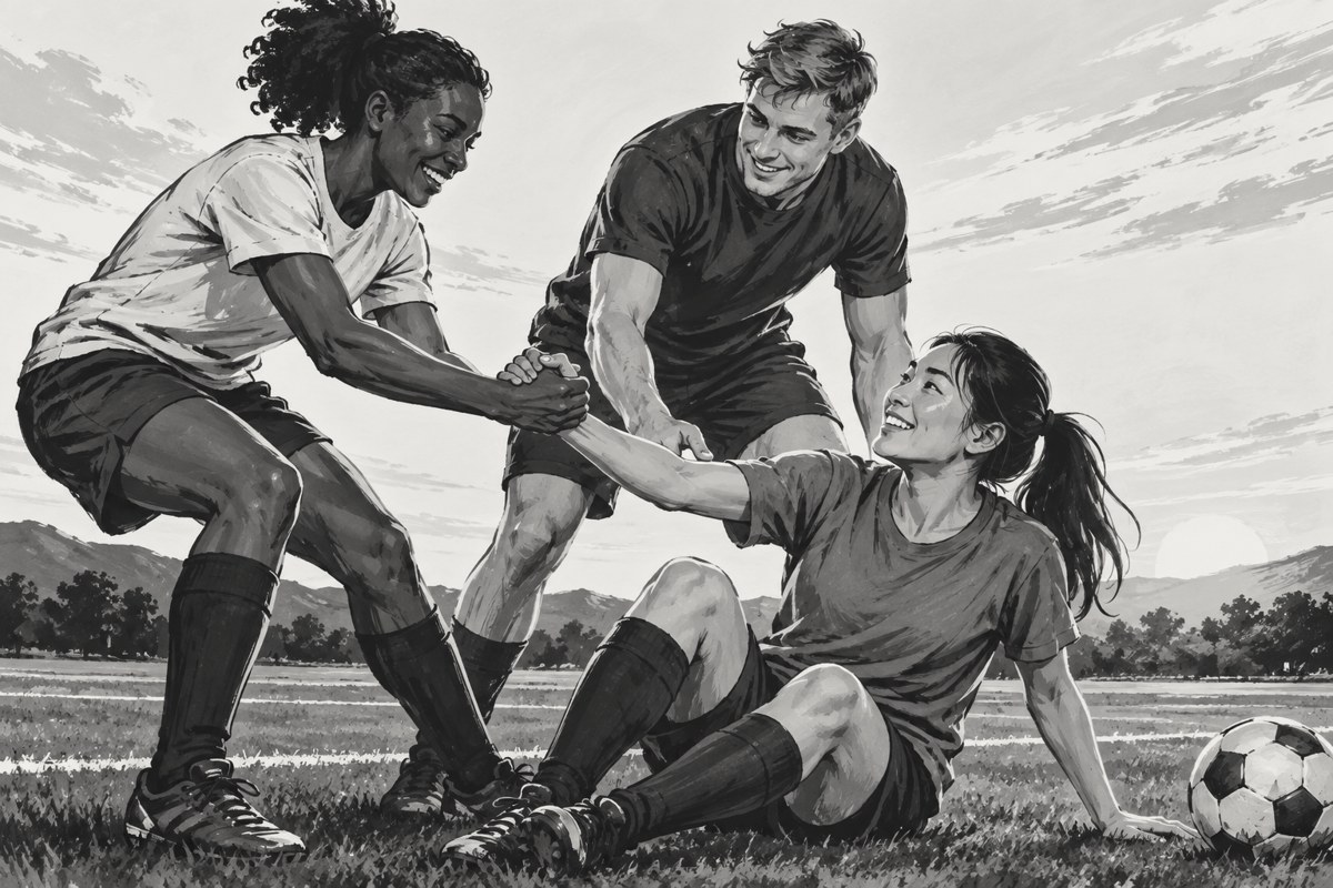 Illustration of athletes helping one another on a sports field.